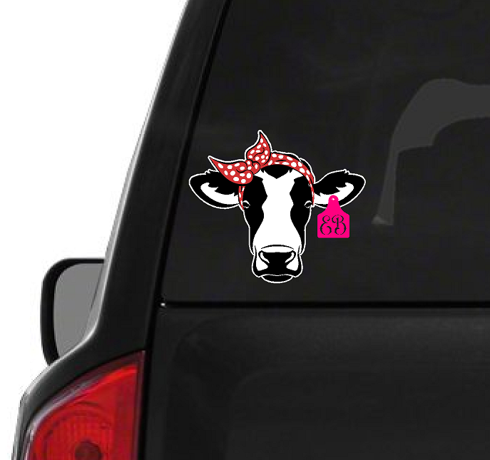 Heifer Decal Sticker with Custom Vinyl Ear Tag | Choose Color & Text | Make Your Own Decal Personalized Text - Waterproof and Easy to Apply on Car, Boat, Window, Windshield, Door or Bumper